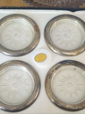 Crystal Glass Coasters with Silver-Tone Rim - Set of 8